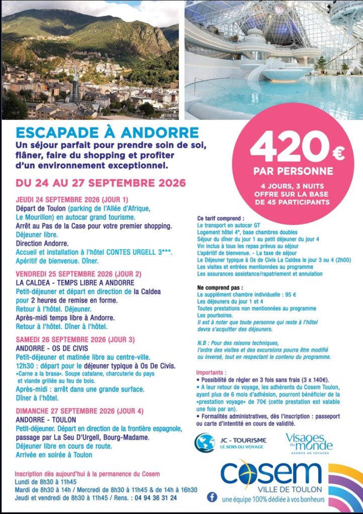 Escapade à ANDORRE les 24.25.26.27 septembre 2026
